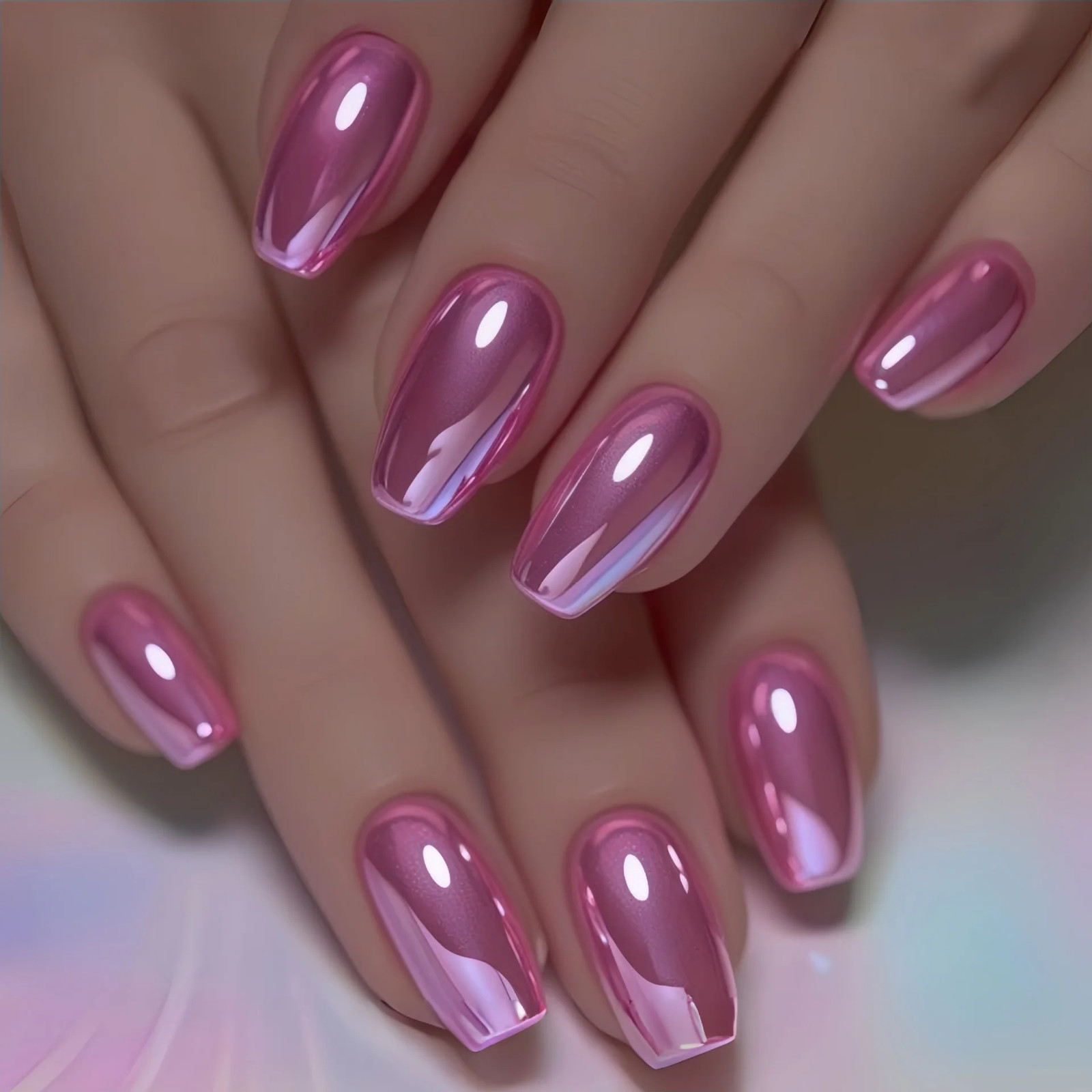 Purple Blue Pink Electric Plated Press On Nails Short Medium Glossy Square Fake