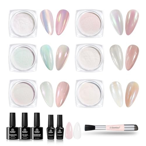 6 Colors Aurora Pearl Chrome Nail Powder Kit – Iridescent Metallic Mirror Glitte