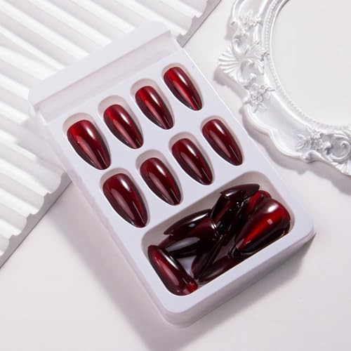 30Pcs Wine Red Press on Nails Short Almond Fake Nails Cat Eye Medium Style 35