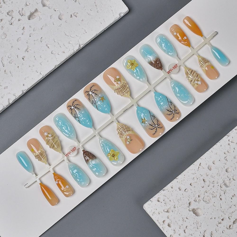 Seashell French Tip Press on Nails Medium Almond Fake Nails, Summer Beach Fal…