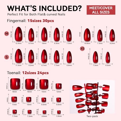 Dark Red Cat Eye Press on Nails Toenails Set, 30Pcs Short Almond Wine Burgundy