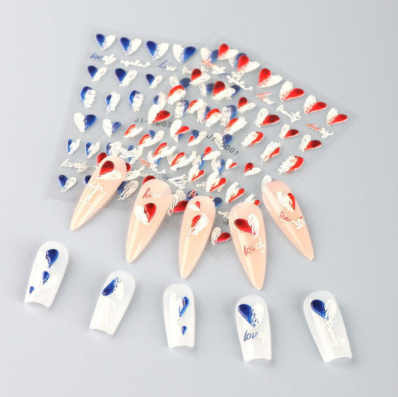 2Pcs 5D Embossed Nail Art Stickers Red Blue White Heart Decals Self-Adhesive DIY