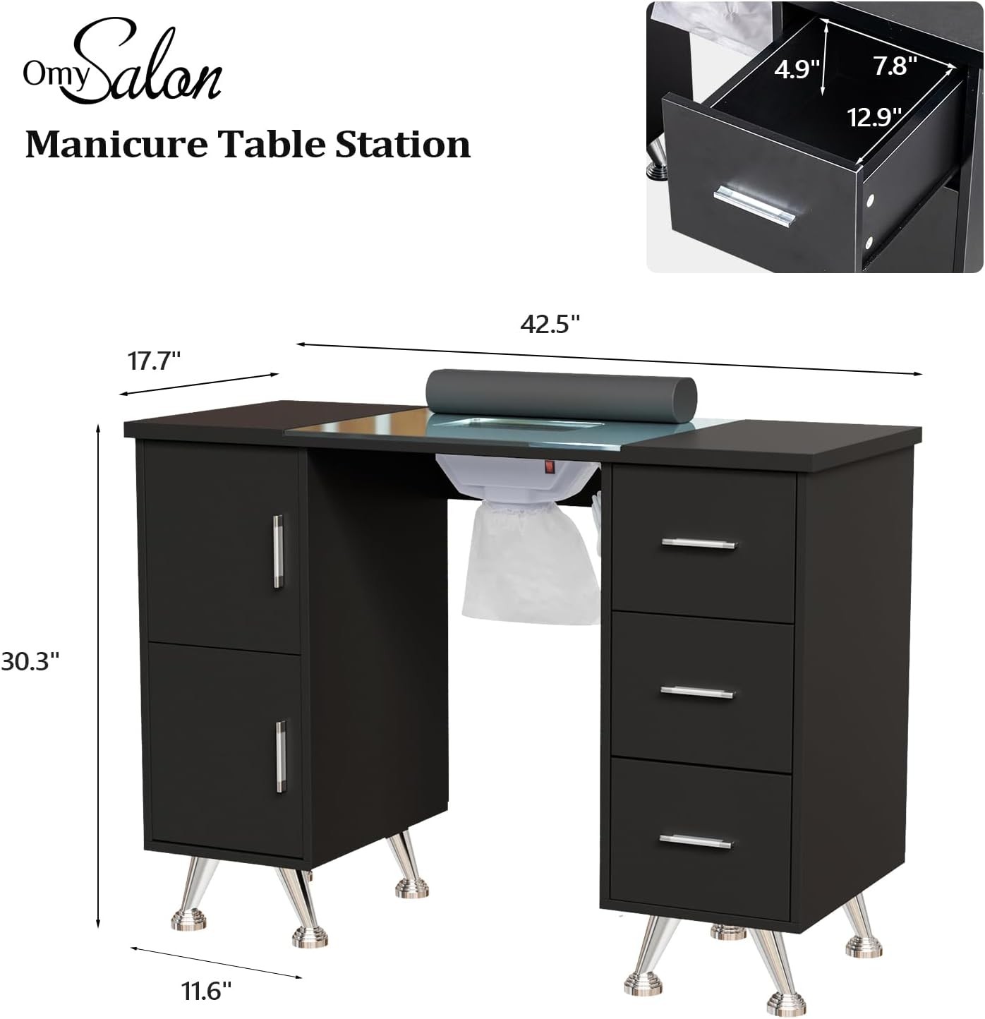 Manicure Table w/ Built-in Dust Collector, Glass Top, Drawers & Wrist Rest Black