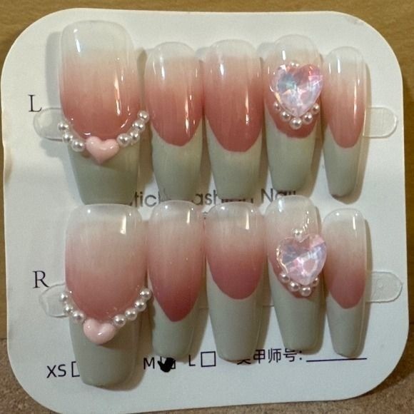 Sage Green Pink Ombre Press On Nails Coquette Pearl Heart Long Coffin Size M