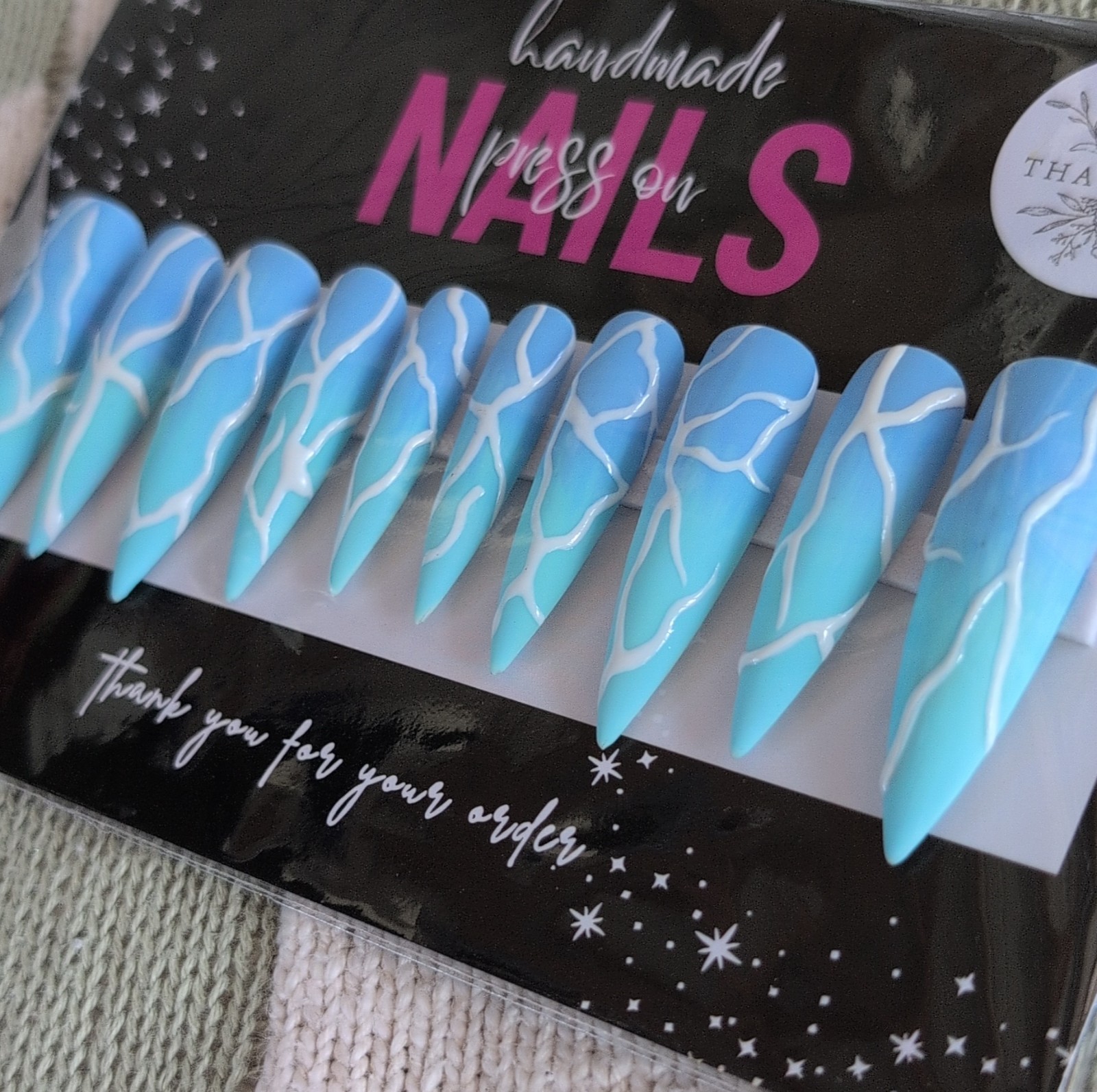 Handmade Press-On Nails Long Stiletto Blue White Abstract Sized Large