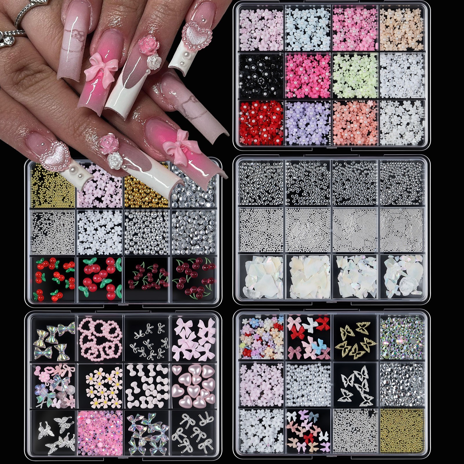 12 Grids 3D Nail Charms Butterfly Strawberry Heart Alloy Resin Nail Art Decor