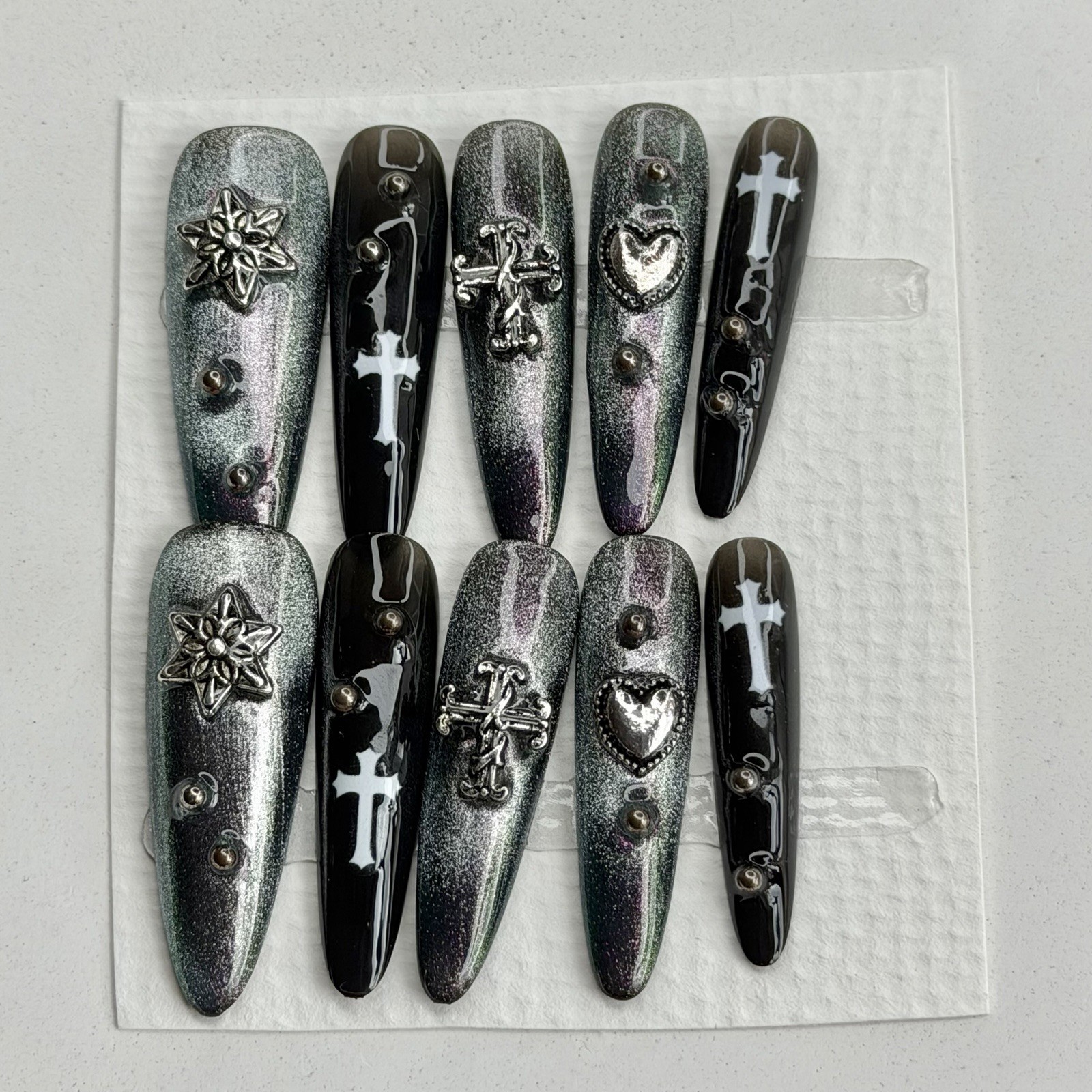 Handmade Cross Nails With Pearls Extra Long Stiletto Size M Reusable Y2K