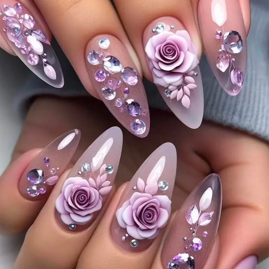 Purple Flower Printed Press On Nails 24Pcs Almond Coffin DIY Manicure Acrylic