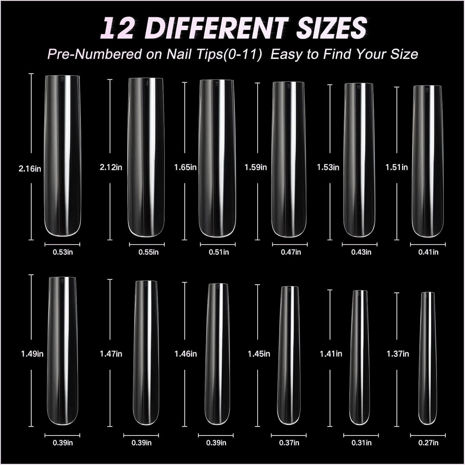 Nail Tips Full Cover Clear Square Acrylic Fake Nails Set 240PCS 12 Sizes Boxed
