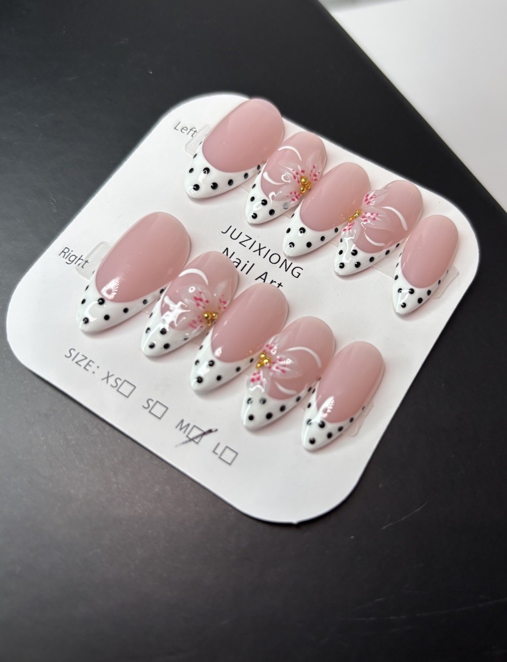 Polka Dot French Almond Press On Nails With Floral Details Size Medium New
