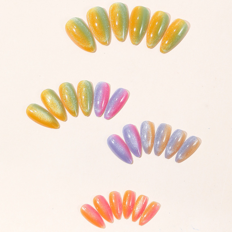48 Pcs Rainbow Aurora Press on Nails, Medium Almond Glitter Cat Eye Fake Nails