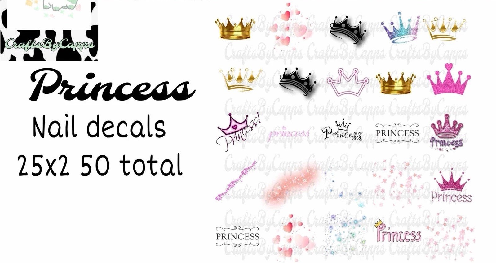 Princess Crowns Waterslide Finger Nail Decals Instructions set of 50 KC Bonus