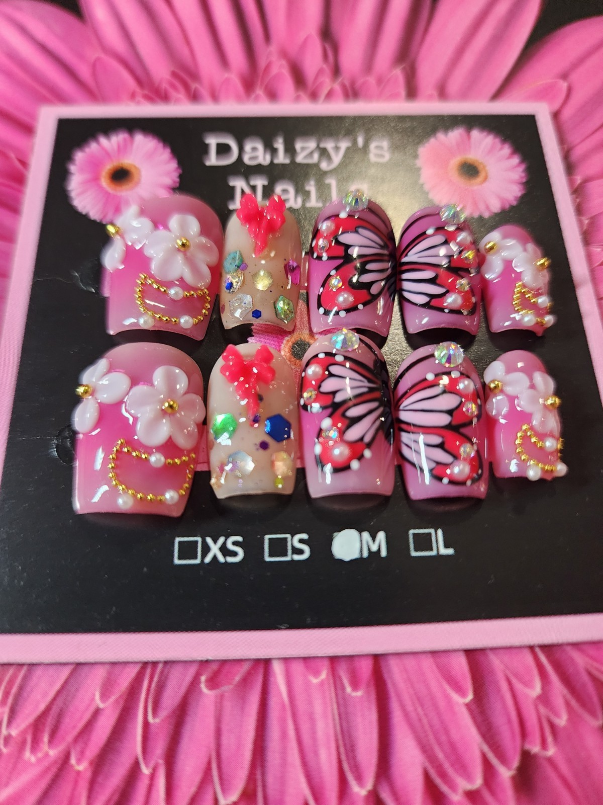 Medium Size Pink Butterfly 3D Press-on Nail Set Handmade Square 2.0 Cm Length