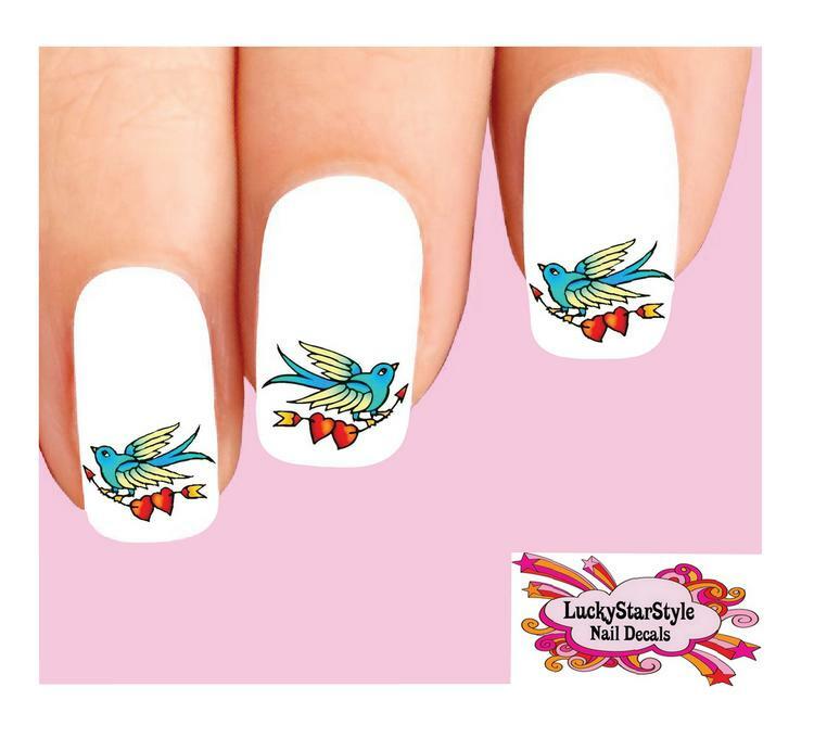 Waterslide Nail Decals Set of 20 – Tattoo Blue Bird with Hearts And Arrow