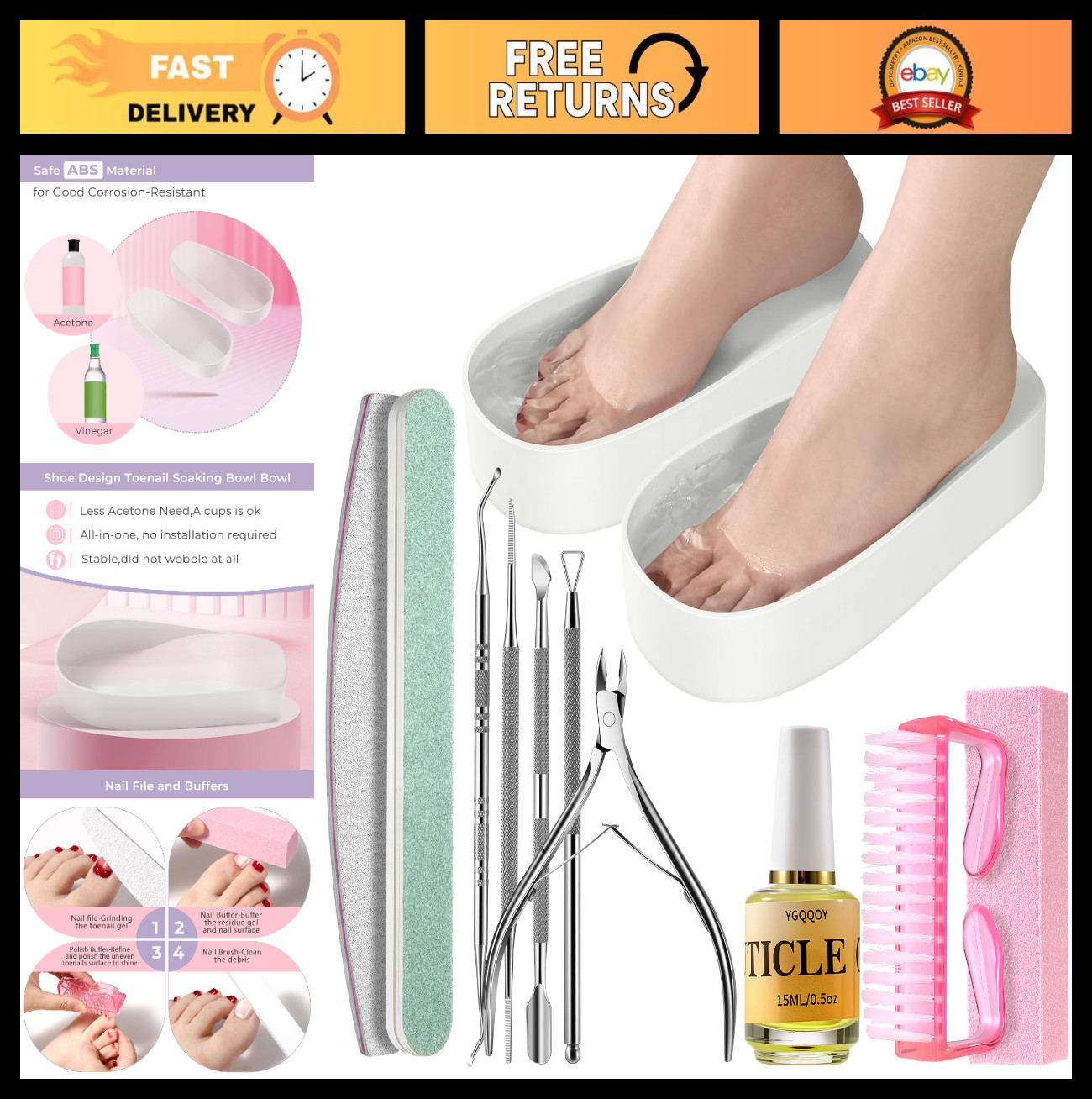 Toe Nail Soaking Bowl for Gel Polish Removal, Foot Soak Pedicure Tray & Tools
