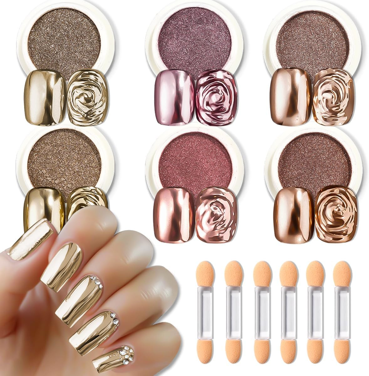 6 Jars Chrome Nail Powder Kit, Metallic Gold Chrome Nail Powder Super Mirror Eff