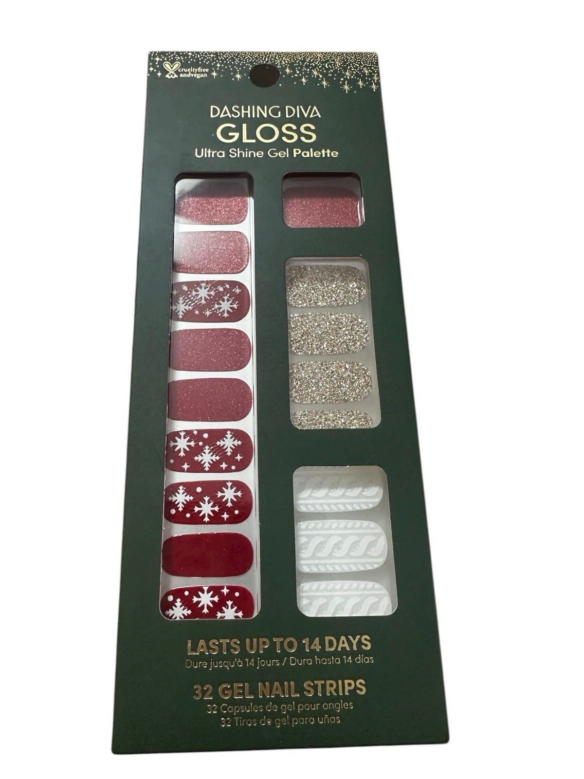2 Sets Dashing Diva Gloss Ultra Shine Gel Nail Strips Christmas Red Green Snow