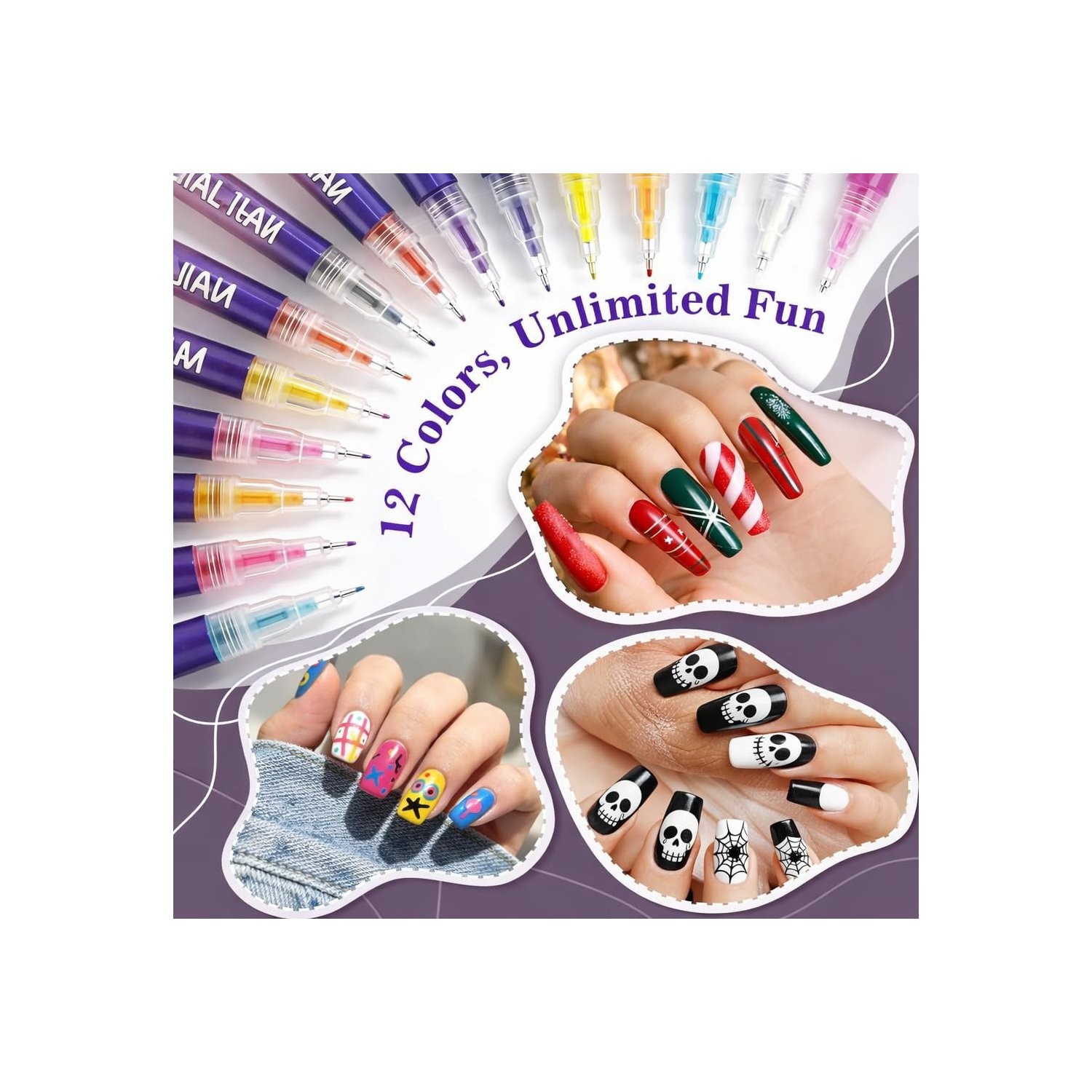 DIY Nail Art Pens Set 12 Colors with Fine Precision Tip for Detailed Designs