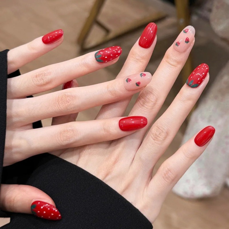 48 Cute Red and White Strawberry Nail Clippers Reusable Dotted Fake Nails