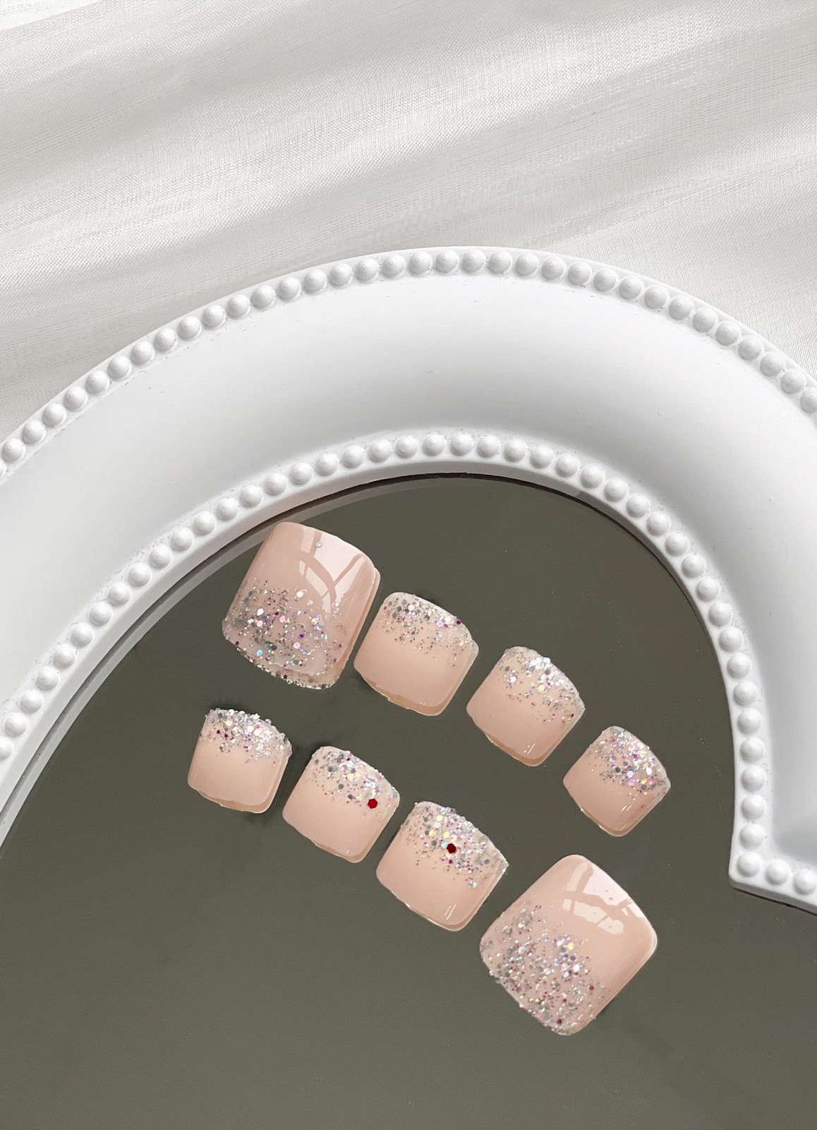 Square Fake Toenails Summer Glossy Glitter Nude French Tip Press on Toenails …