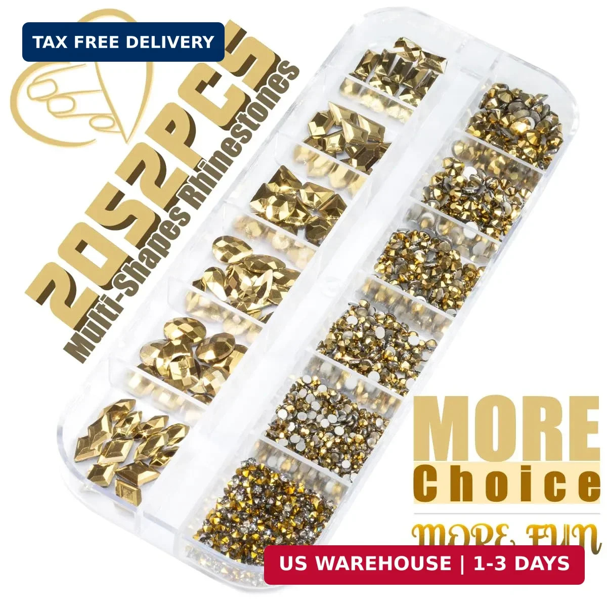 qiipii 2052Pcs Mine Gold Nail Rhinestones 72 Multi Shapes Flatback metallic gold