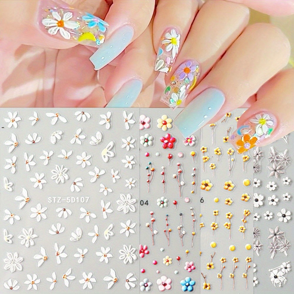 6PCS 5D Embossed Daisy Nail Stickers Shiny Self-Adhesive DIY Nail Glam Kit