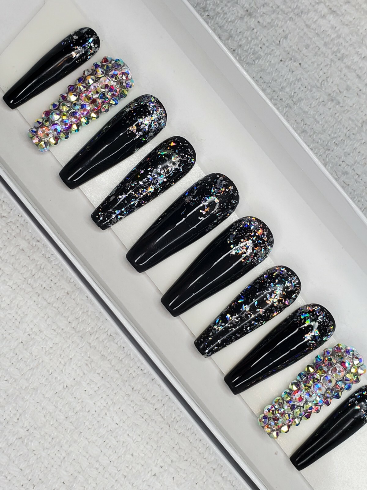 Black holographic glitter bling press on nails holo diamond crystal ballerina