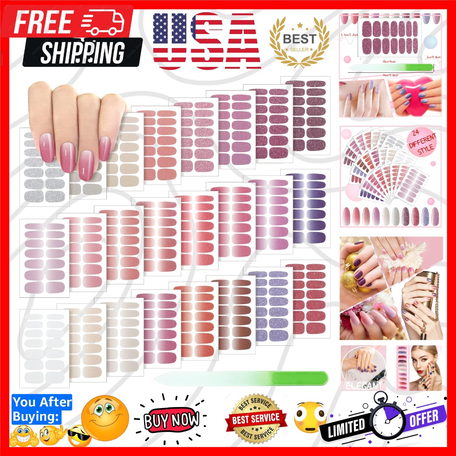 336 Pieces 24 Sheets Full Wrap Nail Polish Strips Stickers Self Adhesive Gel …
