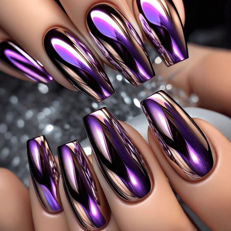 48Pc Coffin Purple Black Mirror Press on Nails Metallic Shiny Party Stylish Wear
