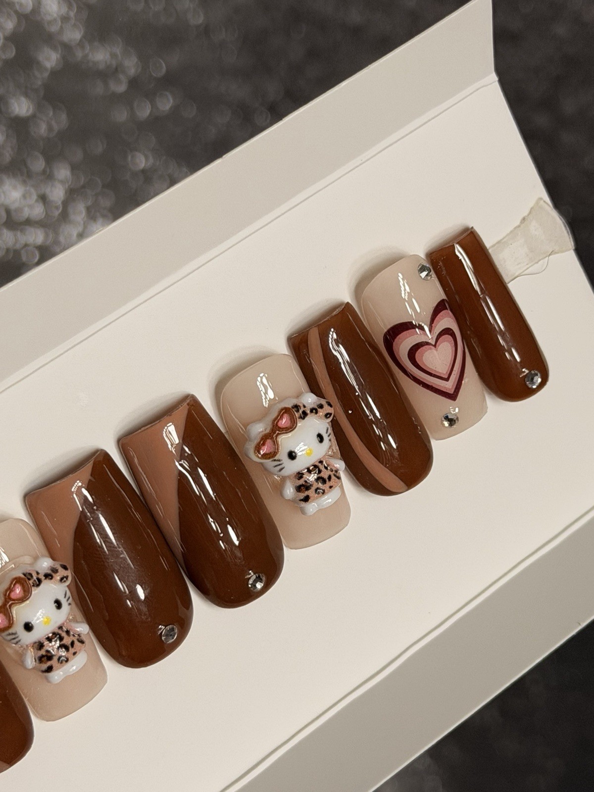 ✨ CUSTOM Press On Nails Brown Nude HELLO KITTY BLING 10p SET W Kit