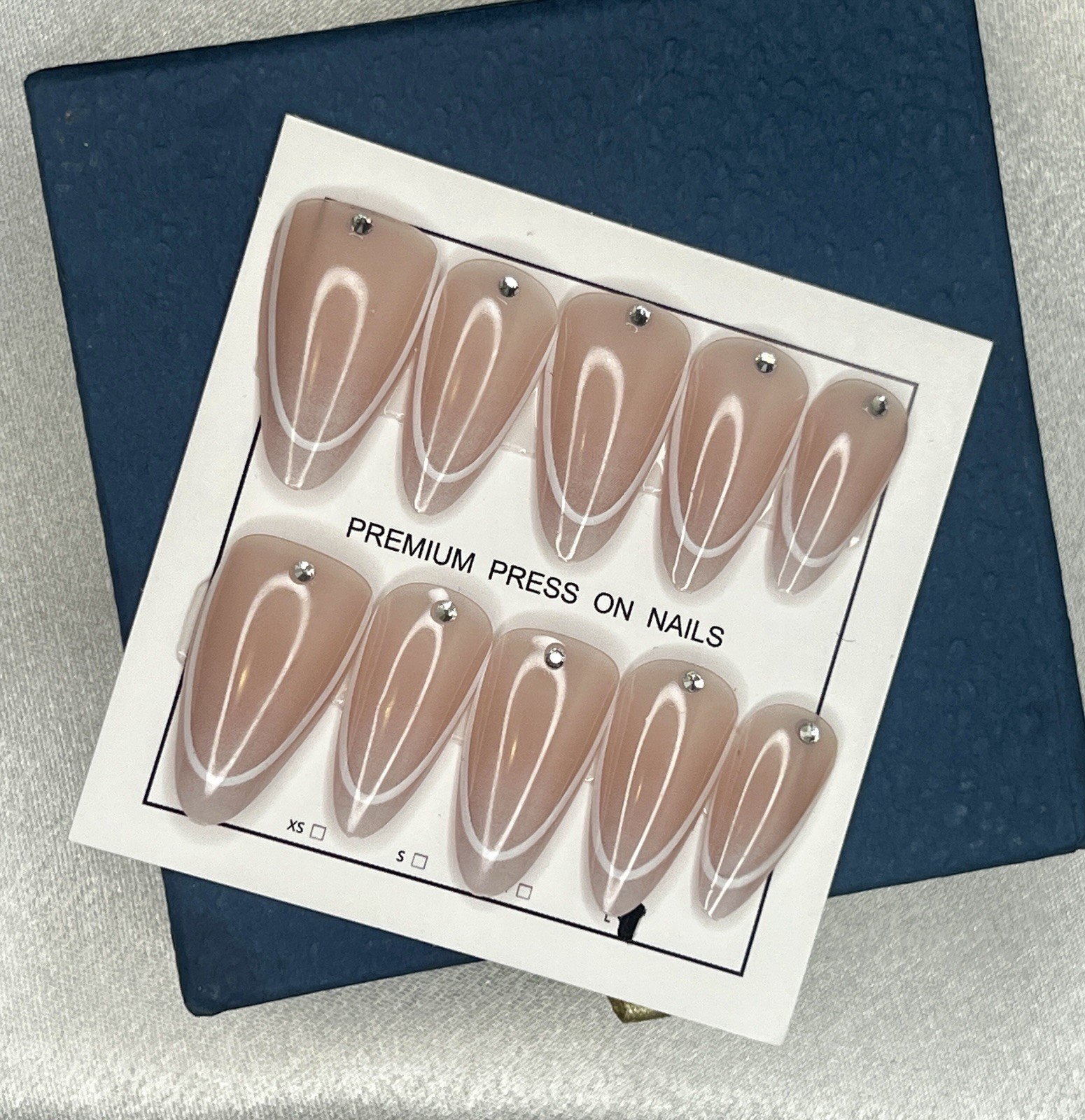 French Stiletto Press-On Nails, Beige White, Rhinestone 3D Shiny Full Cover