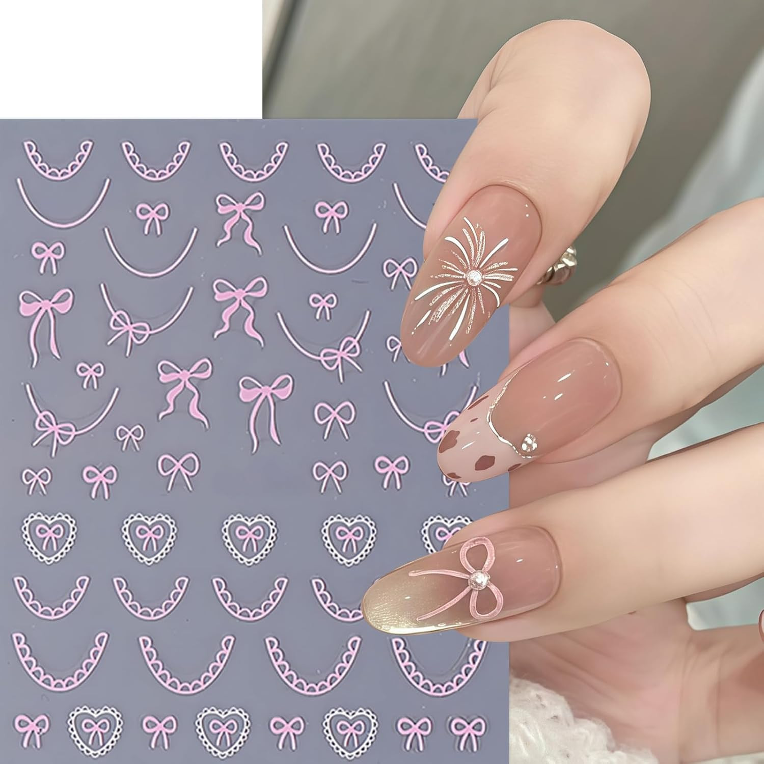 6Pcs Bow Nail Stickers Valentines Nail Decals Love-Heart Kawaii Lace Bow Tie Nai