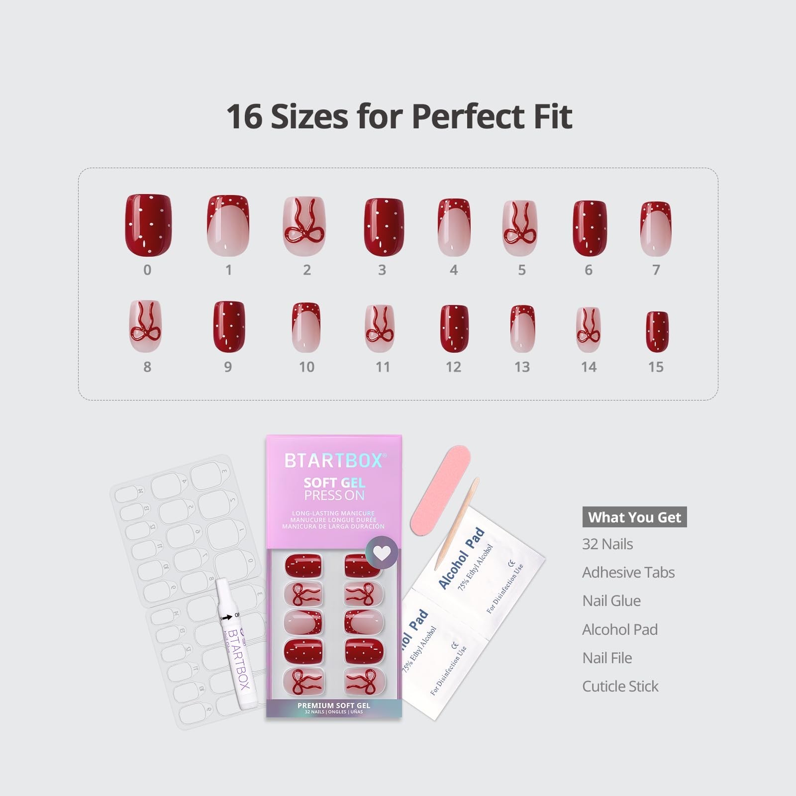 Press On Nails Red French Tip XS Squoval 32Ct | 2+ Weeks Wear, Easy Application,