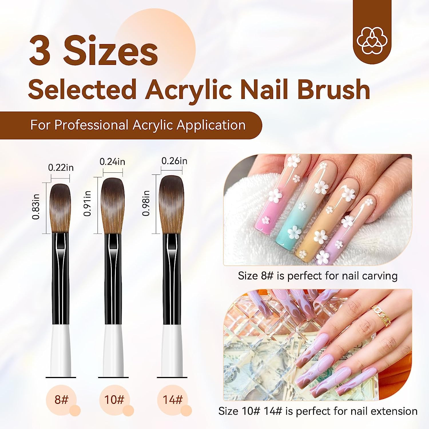 Saviland 3Pcs Acrylic Nail Brush Set, Size 8/10/14 Kolinsky Acrylic Nail Brushes