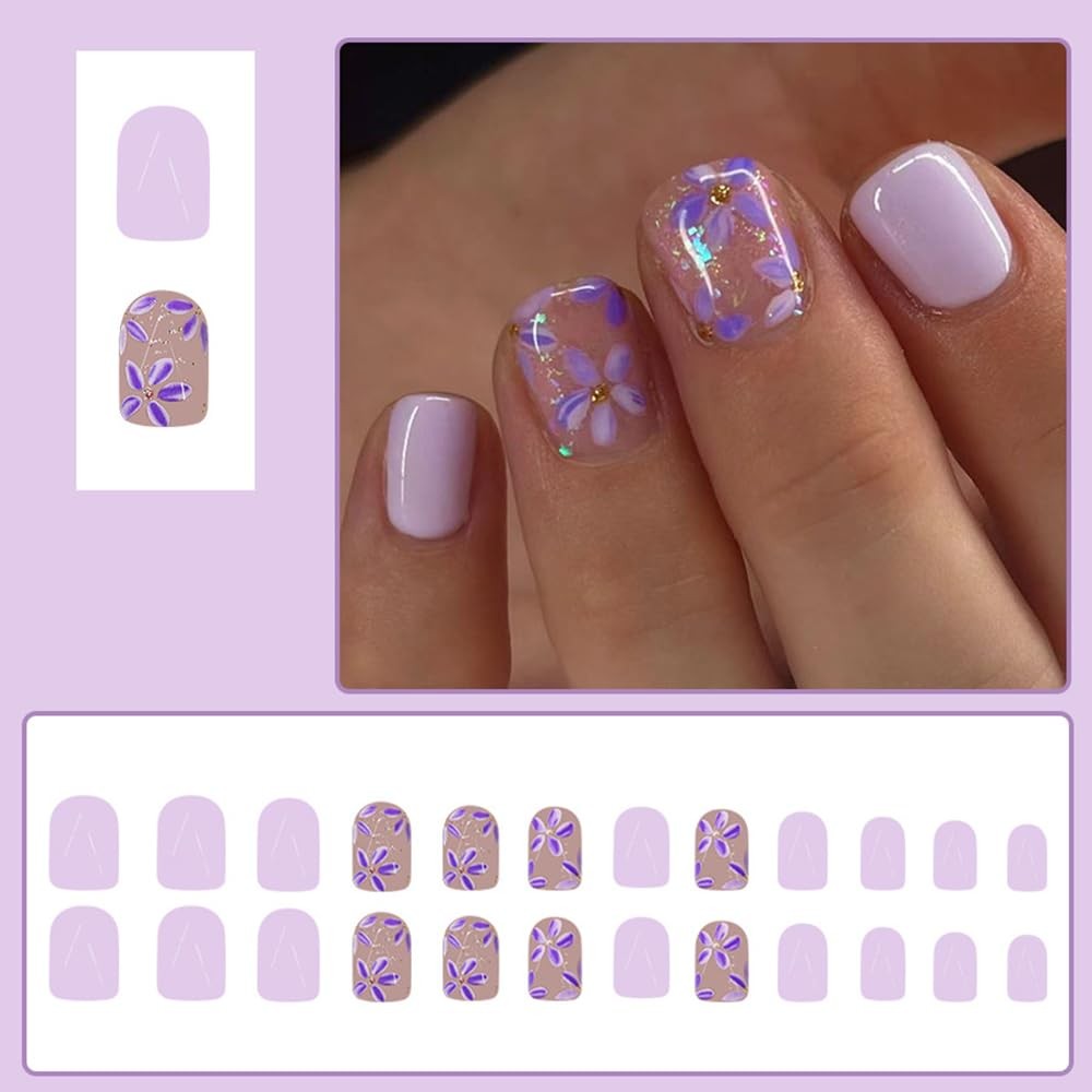 24 Pcs Mauve Press On Nails Short Square,Spring Flowers Fake Nails Press ons …