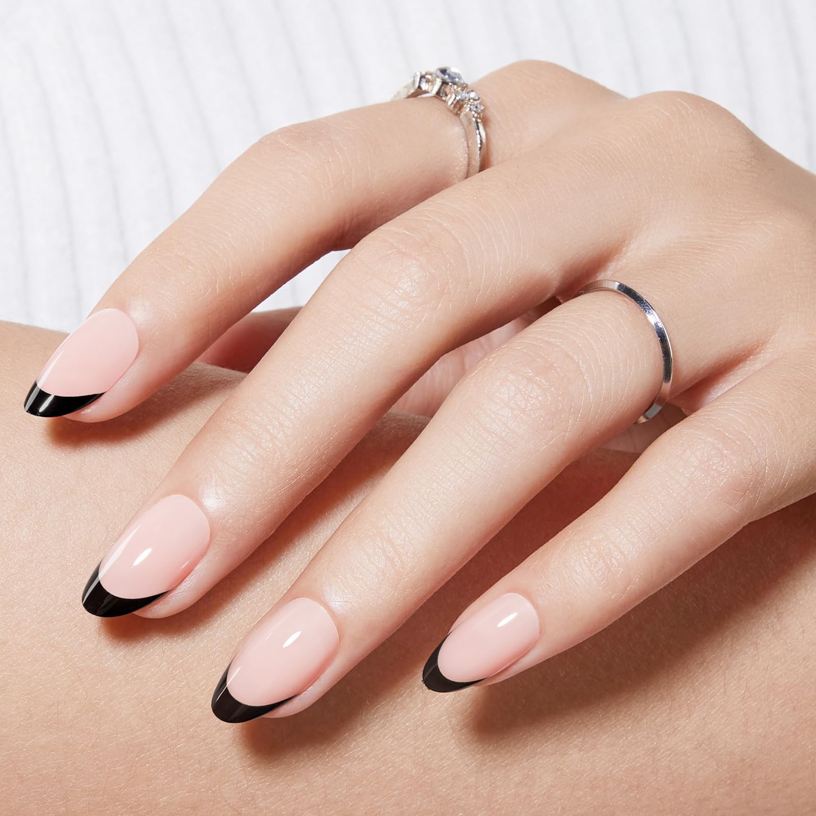 Modelones Black French Tip Press on Nails Short Almond short, A6-Black