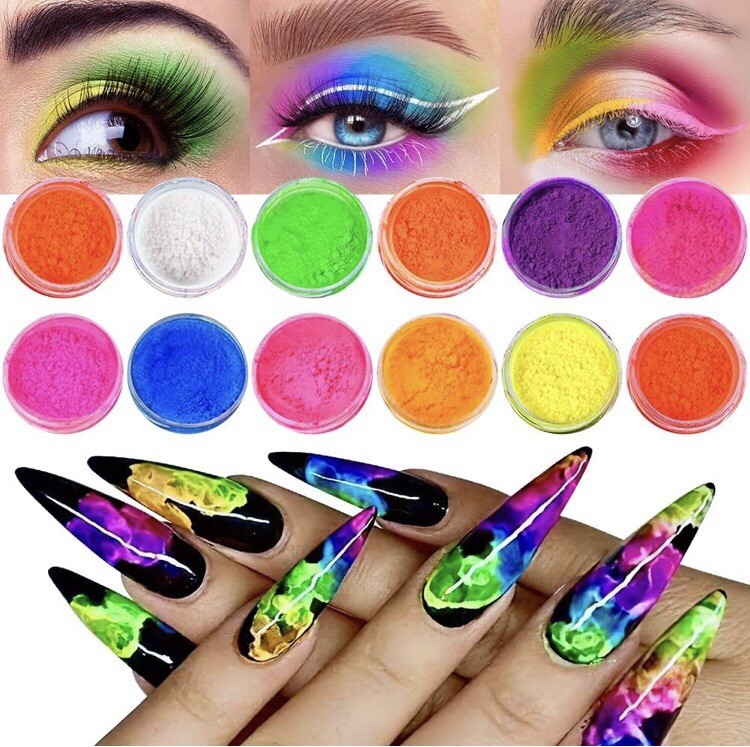 12 Color Neon Pigment Powder Set Glow In Dark Luminous Eye Shadow Nails Art Make