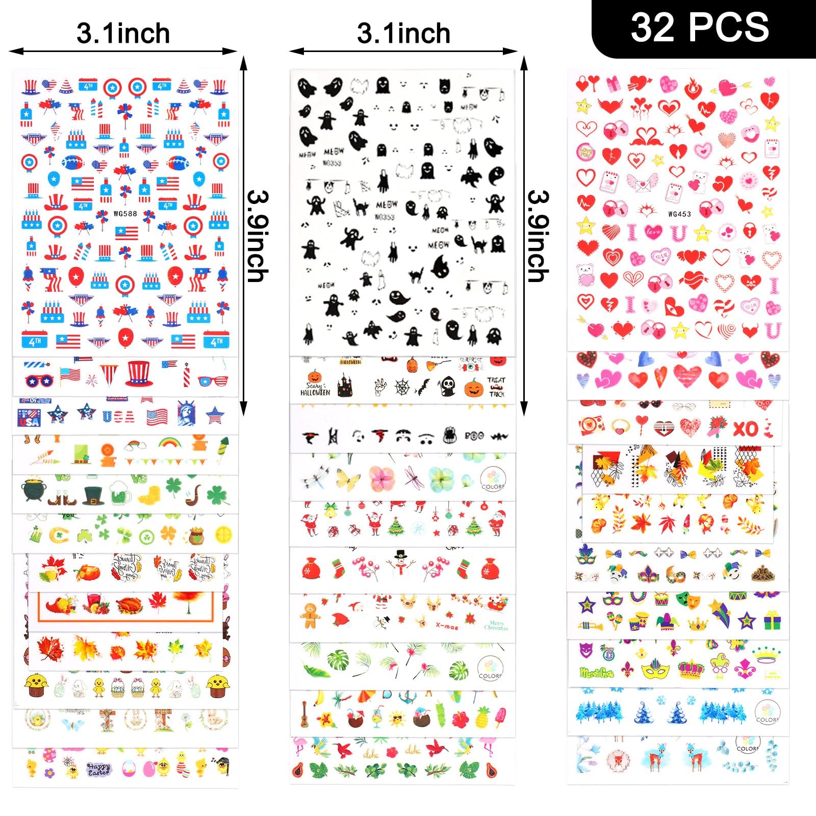 32 Sheets All Holiday Nail Art Stickers All Season Spring Summer Easter 4th of J