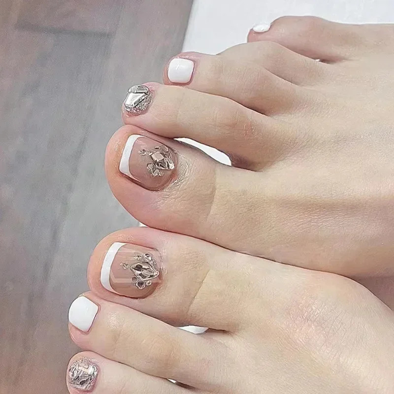 24pcs French Toe Nails:Glitter Diamond Short Press on Toenails