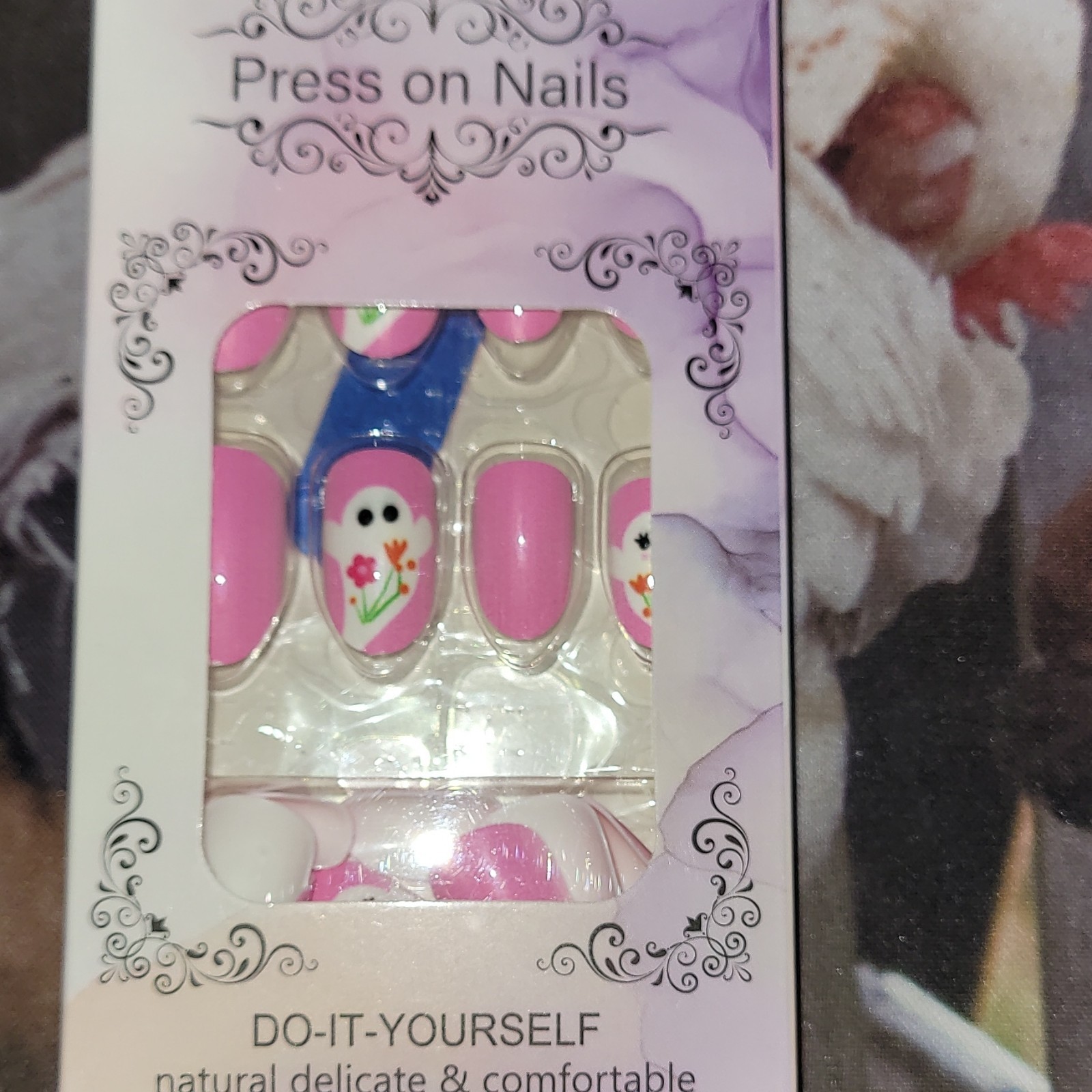 Pre-Designed Press-On Nails Short Oval Pink White Floral Flowers 3D Full Cover