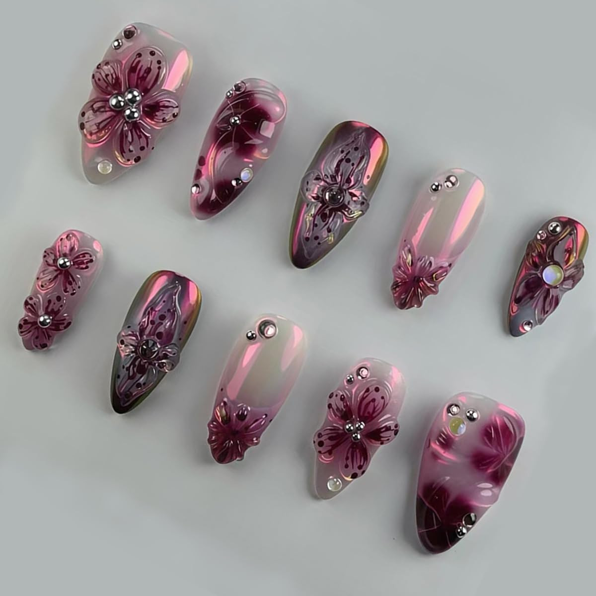 24Pcs Purple Flower Press on Nails Almond Medium Fake Nails 3D Flower False Nail