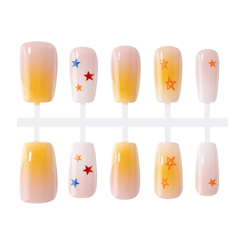 60pcs Short Square Press on Nails, Nude Yellow Gradient Color Star Gloss Nails