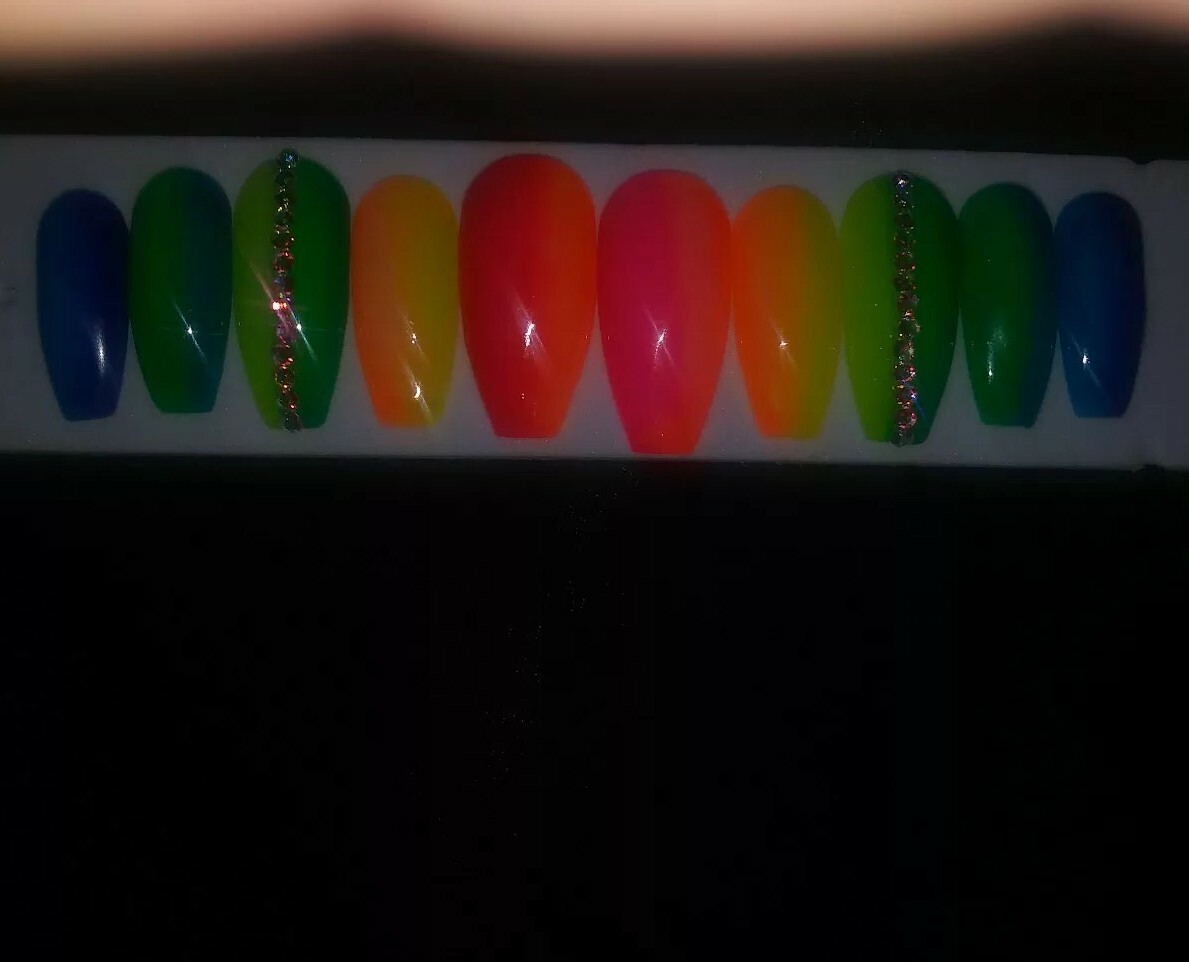 Neon Rainbow ombre gel nails bling long coffin PRESS ON NAILS