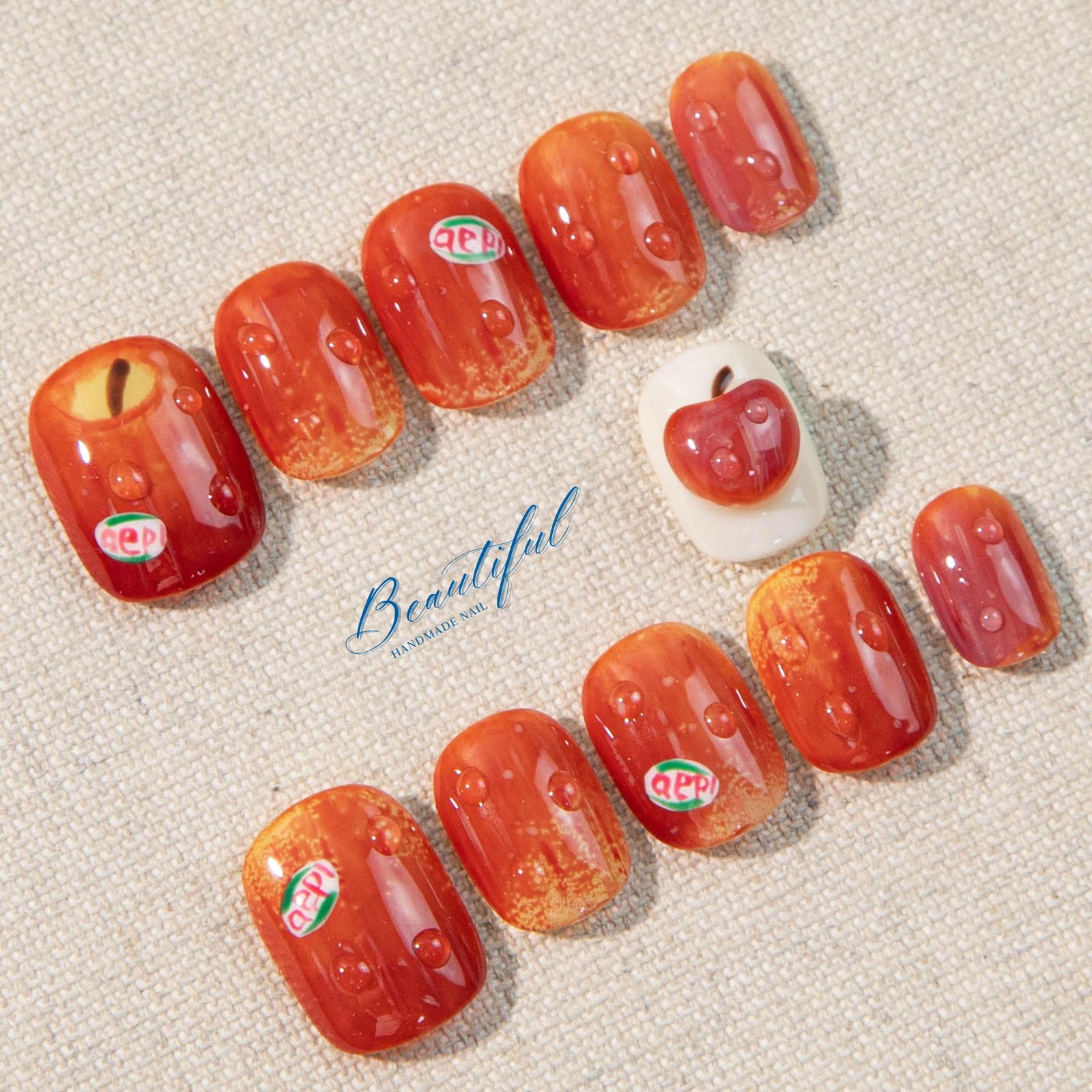 Custom Handmade 3D Red Apple Water Drop Label Short Square Press on Nails