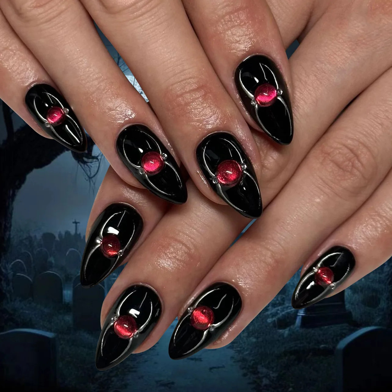 24pcs Halloween Gothic 3D Spider Skull Coffin Press On Nails