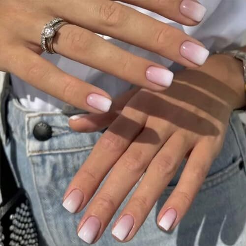 Ombre Press on Nails Short Square Fake Nails Pink Gradient False Nails style1