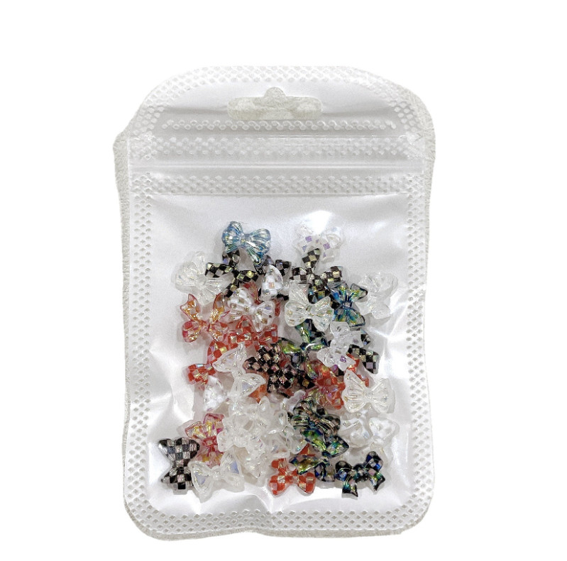 10PCS Retro Butterfly Checkered Bow Nail Art Charms Acrylic Ribbon Bowknot Decor