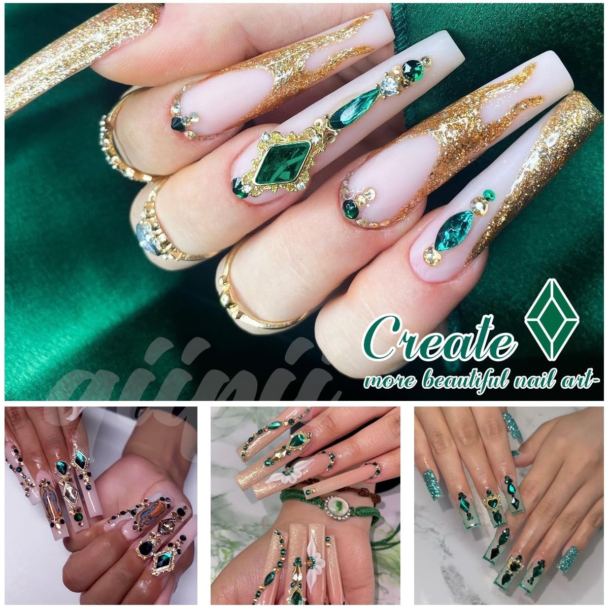 24pcs Green Luxury Nail Charms + 2000pcs Emerald Green Rhinestones 3D Big Gem…