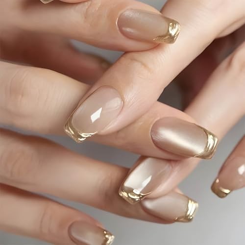 Medium Press on Nails Gold French Tip Fake Nails Cat Eye Medium Style-Z5Z11