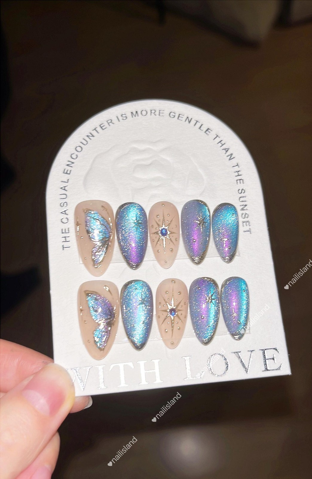 Handmade Iridescent Cat Eye Butterfly Rhinestone Medium Almond Press on Nails